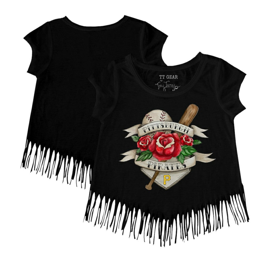 Black Pittsburgh Pirates Tiny Turnip Girls Youth Tattoo Rose Fringe T-Shirt