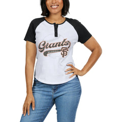 White/Black San Francisco Giants WEAR by Erin Andrews Women's Fitted Henley Raglan T-Shirt