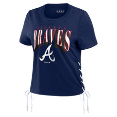 Navy Atlanta Braves WEAR by Erin Andrews Women's Side Lace-Up Cropped T-Shirt