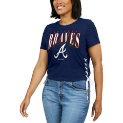 Navy Atlanta Braves WEAR by Erin Andrews Women's Side Lace-Up Cropped T-Shirt