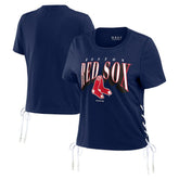 Navy Boston Red Sox WEAR by Erin Andrews Women's Side Lace-Up Cropped T-Shirt