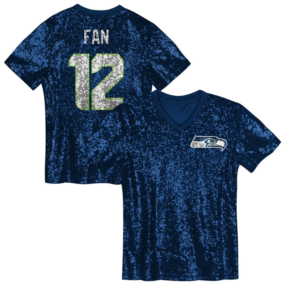 12 Fan Girls Youth Sequin V-Neck Fashion Jersey - Seattle Seahawks Jerseys