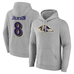 Lamar Jackson Icon Player Name & Number Pullover Hoodie - Baltimore Ravens Hoodies