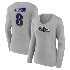 Lamar Jackson Women's Icon Player Name & Number Long Sleeve V-Neck T-Shirt - Baltimore Ravens T-shirts