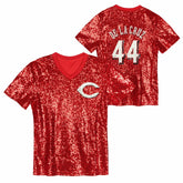 Red Elly De La Cruz Cincinnati Reds Juniors Name & Number Sequin V-Neck Top