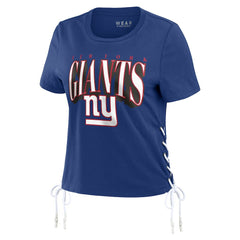 WEAR by Erin Andrews Women's Lace Up Side Modest Cropped T-Shirt - New York Giants T-shirts