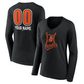 Black Baltimore Orioles Women's Personalized Name & Number Fastball Long Sleeve V-Neck T-Shirt