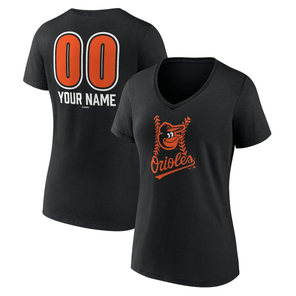Black Baltimore Orioles Women's Personalized Name & Number Fastball V-Neck T-Shirt