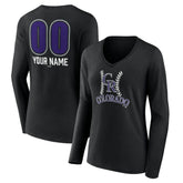 Black Colorado Rockies Women's Personalized Name & Number Fastball Long Sleeve V-Neck T-Shirt