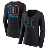Black Miami Marlins Women's Personalized Name & Number Fastball Long Sleeve V-Neck T-Shirt