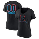 Black Miami Marlins Women's Personalized Name & Number Fastball V-Neck T-Shirt