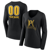 Black Pittsburgh Pirates Women's Personalized Name & Number Fastball Long Sleeve V-Neck T-Shirt