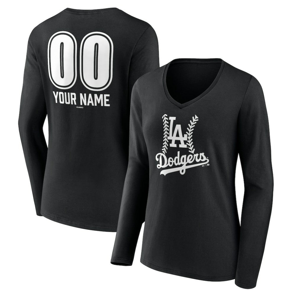 Black Los Angeles Dodgers Women's Personalized Name & Number Fastball Long Sleeve V-Neck T-Shirt