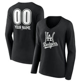 Black Los Angeles Dodgers Women's Personalized Name & Number Fastball Long Sleeve V-Neck T-Shirt