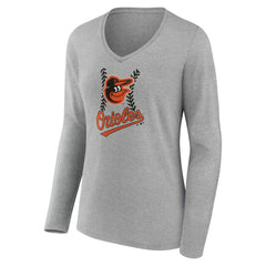 Gray Baltimore Orioles Women's Personalized Name & Number Fastball Long Sleeve V-Neck T-Shirt