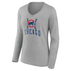 Gray Chicago Cubs Women's Personalized Name & Number Fastball Long Sleeve V-Neck T-Shirt