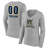 Gray Milwaukee Brewers Women's Personalized Name & Number Fastball Long Sleeve V-Neck T-Shirt