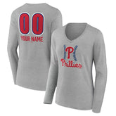 Gray Philadelphia Phillies Women's Personalized Name & Number Fastball Long Sleeve V-Neck T-Shirt