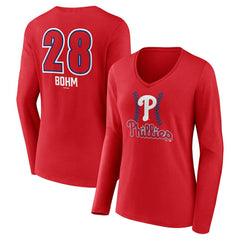 Red Alec Bohm Philadelphia Phillies Women's Fastball Player Name & Number Long Sleeve V-Neck T-Shirt