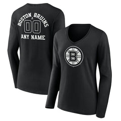 NHL Boston Bruins Women's Personalized Name & Number Monochrome Long Sleeve V-Neck T-Shirt