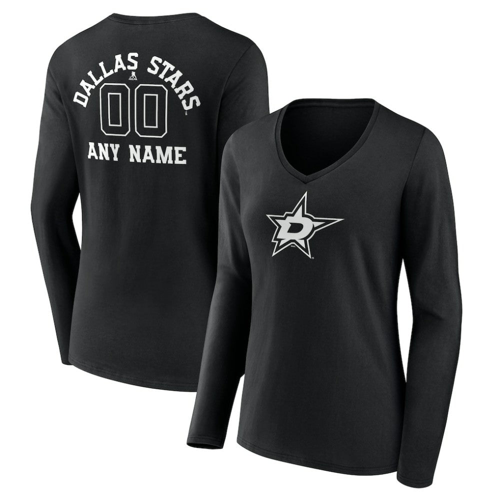 NHL Dallas Stars Women's Personalized Name & Number Monochrome Long Sleeve V-Neck T-Shirt