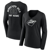 NHL Minnesota Wild Women's Personalized Name & Number Monochrome Long Sleeve V-Neck T-Shirt