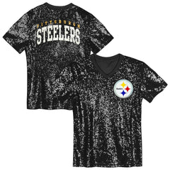 Girls Youth Wordmark Sequin V-Neck Top - Pittsburgh Steelers Tops