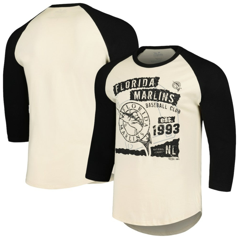 Cream/Black Miami Marlins Majestic Threads Raglan 3/4-Sleeve T-Shirt