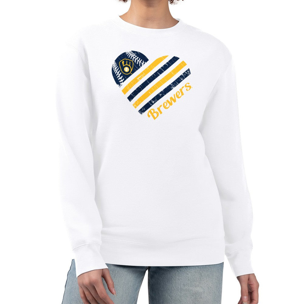 White Milwaukee Brewers G-III 4Her by Carl Banks Women's Heart Logo Fleece Pullover Sweatshirt