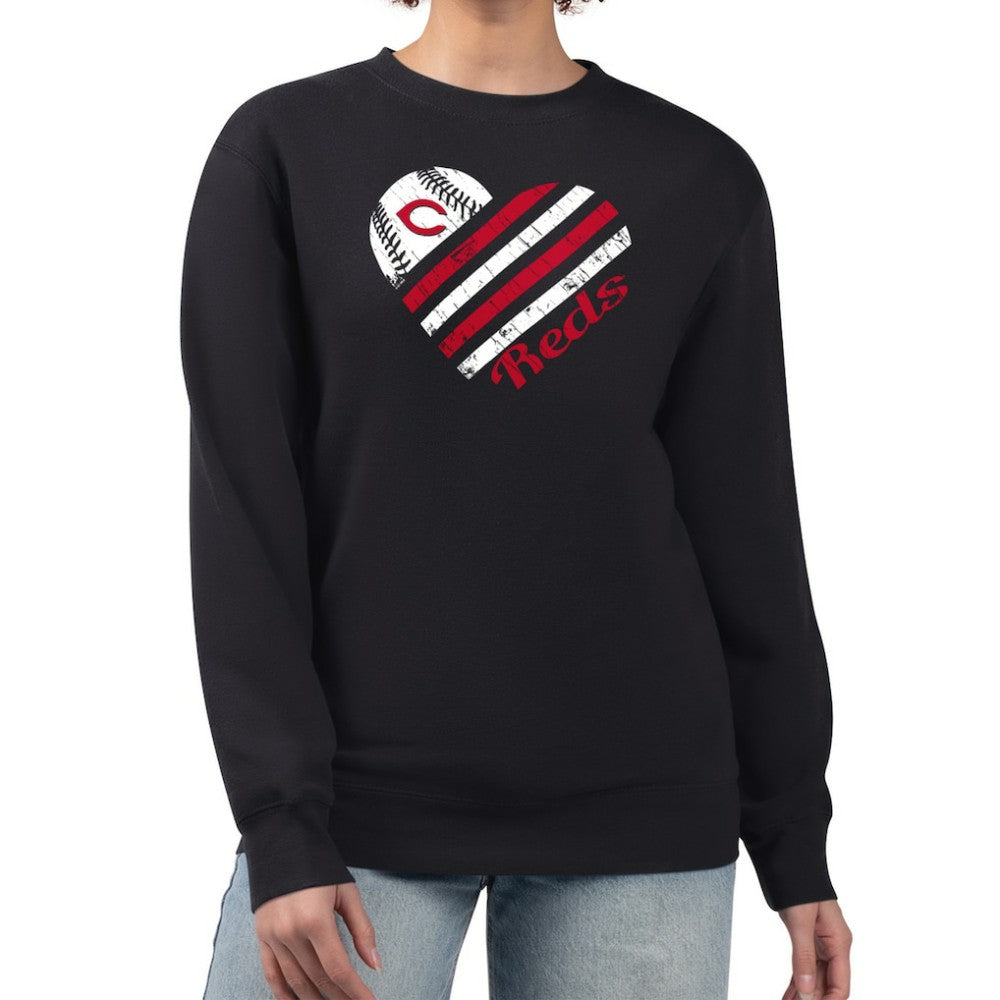 Black Cincinnati Reds G-III 4Her by Carl Banks Women's Heart Logo Fleece Pullover Sweatshirt