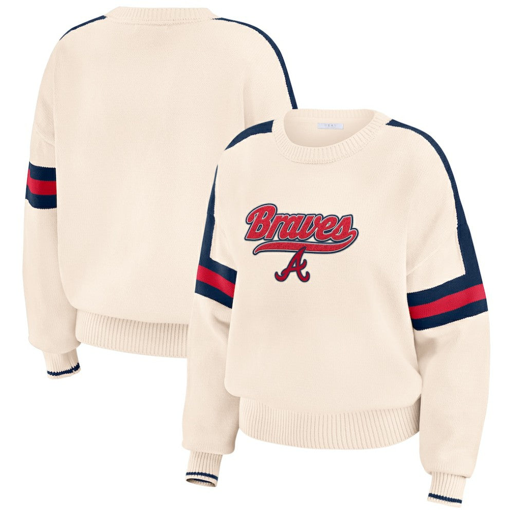 Cream Atlanta Braves WEAR by Erin Andrews Women's Stripe Pullover Sweater