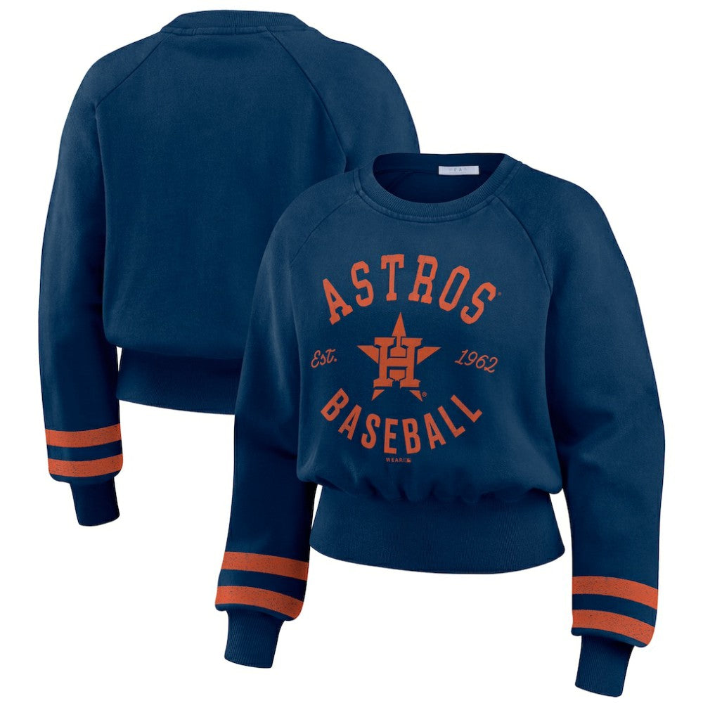 Navy Houston Astros WEAR by Erin Andrews Women's Vintage Washed Cropped Pullover Sweatshirt