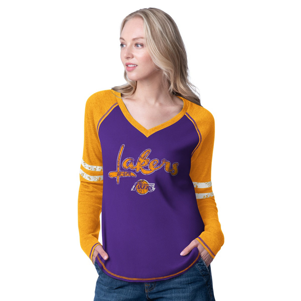 Los Angeles Lakers G-III 4Her by Carl Banks Women's Winner Waffle Knit Thermal Long Sleeve Tri-Blend T-Shirt