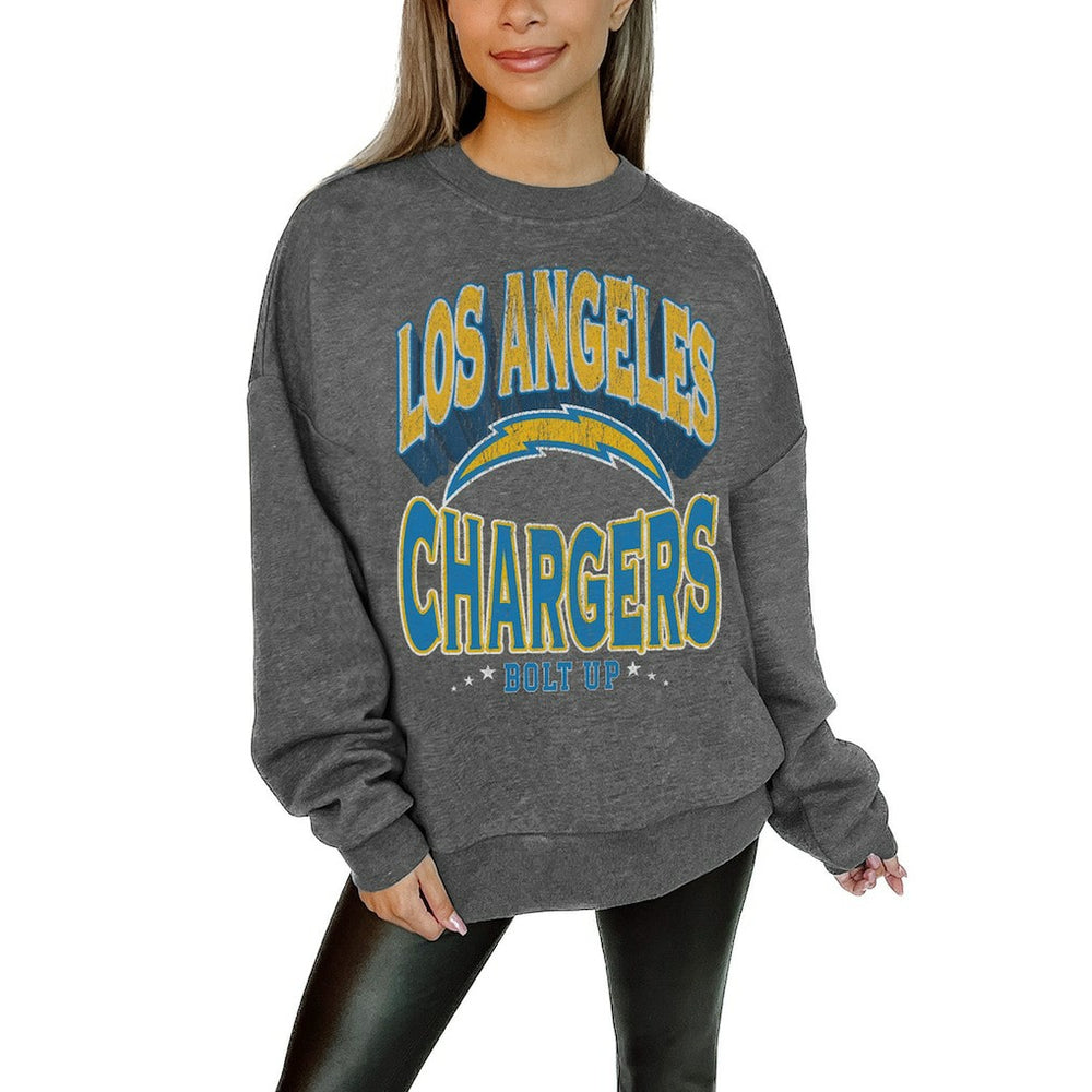 Gameday Couture Women's Oversized Long Weekend Premium Fleece Drop Shoulder Pullover Sweatshirt - Los Angeles Chargers Pullover