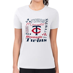 White Minnesota Twins G-III 4Her by Carl Banks Women's Super-Slim Fit Lightweight Collage Team Graphic Crew Neck T-Shirt