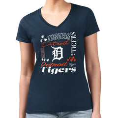 Navy Detroit Tigers G-III 4Her by Carl Banks Women's Super-Slim Fit Lightweight Collage Team Graphic V-Neck T-Shirt