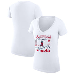 White Los Angeles Angels G-III 4Her by Carl Banks Women's Super-Slim Fit Lightweight Collage Team Graphic V-Neck T-Shirt