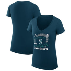 Navy Seattle Mariners G-III 4Her by Carl Banks Women's Super-Slim Fit Lightweight Collage Team Graphic V-Neck T-Shirt