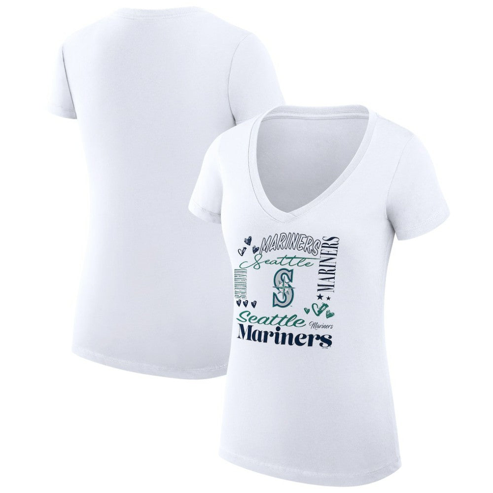 White Seattle Mariners G-III 4Her by Carl Banks Women's Super-Slim Fit Lightweight Collage Team Graphic V-Neck T-Shirt