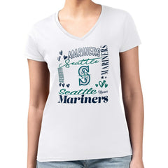 White Seattle Mariners G-III 4Her by Carl Banks Women's Super-Slim Fit Lightweight Collage Team Graphic V-Neck T-Shirt