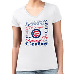 White Chicago Cubs G-III 4Her by Carl Banks Women's Super-Slim Fit Lightweight Collage Team Graphic V-Neck T-Shirt