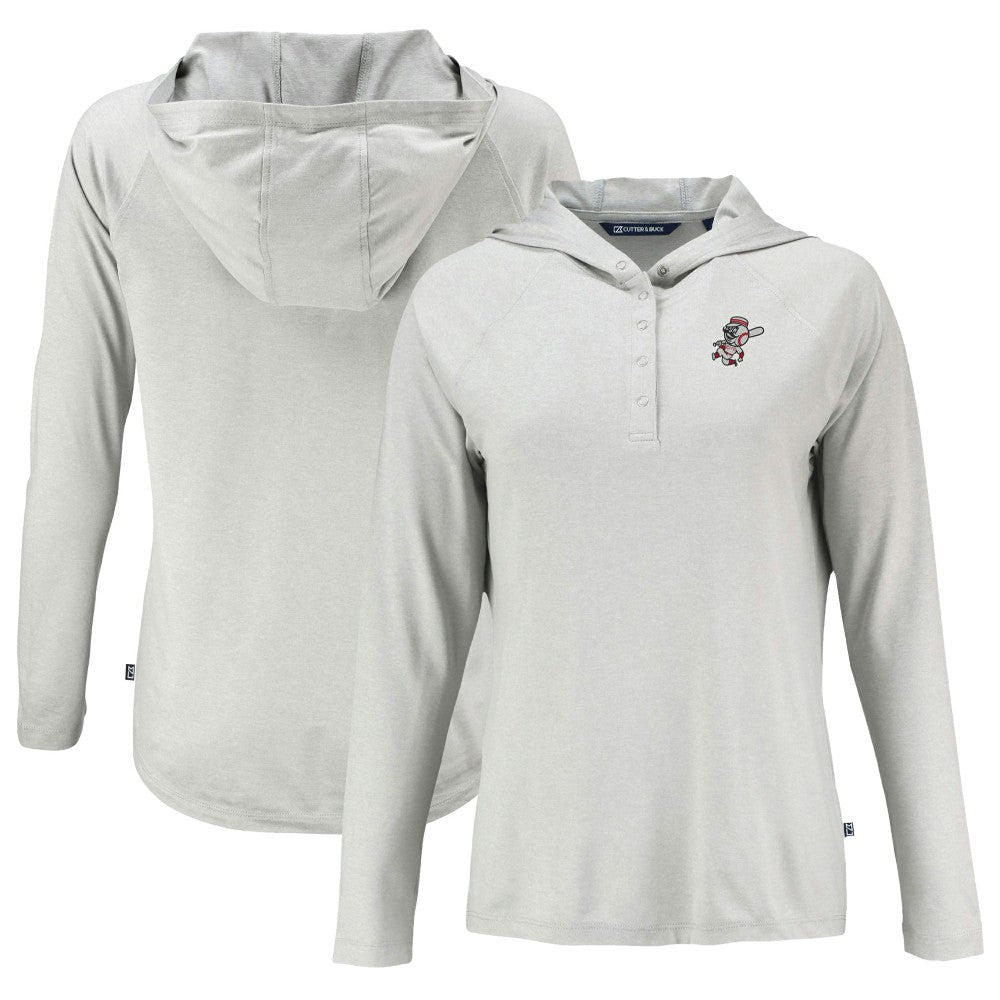 Gray Cincinnati Reds Cutter & Buck Women's Cooperstown Collection Coastline Epic Comfort Eco Recycled Hoodie Raglan Long Sleeve T-Shirt