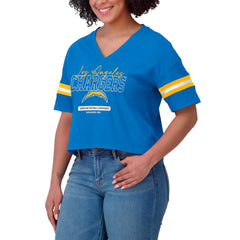 WEAR by Erin Andrews Women's Color Block Boxy Modest Crop V-Neck T-Shirt - Los Angeles Chargers T-shirts