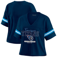 WEAR by Erin Andrews Women's Color Block Boxy Modest Crop V-Neck T-Shirt - Tennessee Titans T-shirts