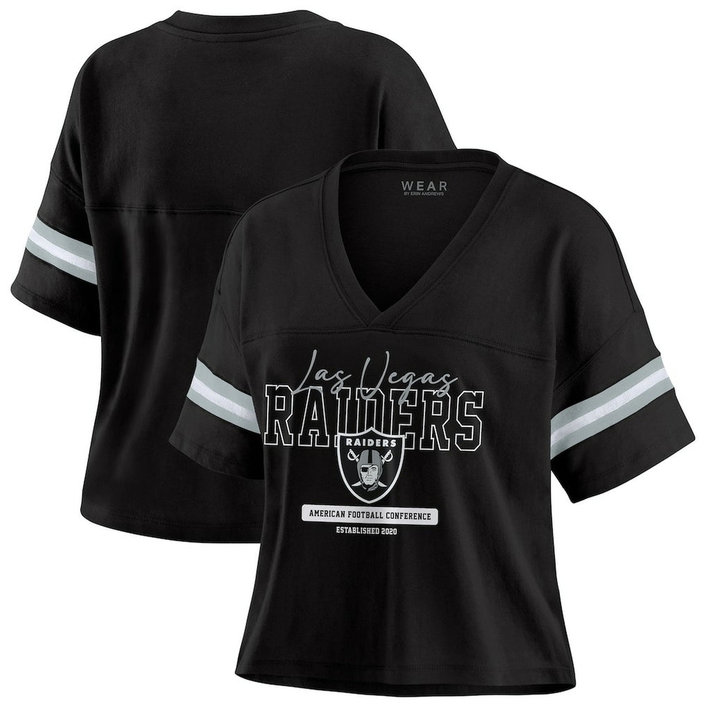 WEAR by Erin Andrews Women's Color Block Boxy Modest Crop V-Neck T-Shirt - Las Vegas Raiders T-shirts