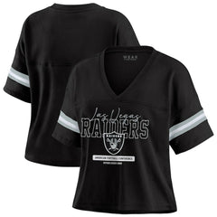 WEAR by Erin Andrews Women's Color Block Boxy Modest Crop V-Neck T-Shirt - Las Vegas Raiders T-shirts