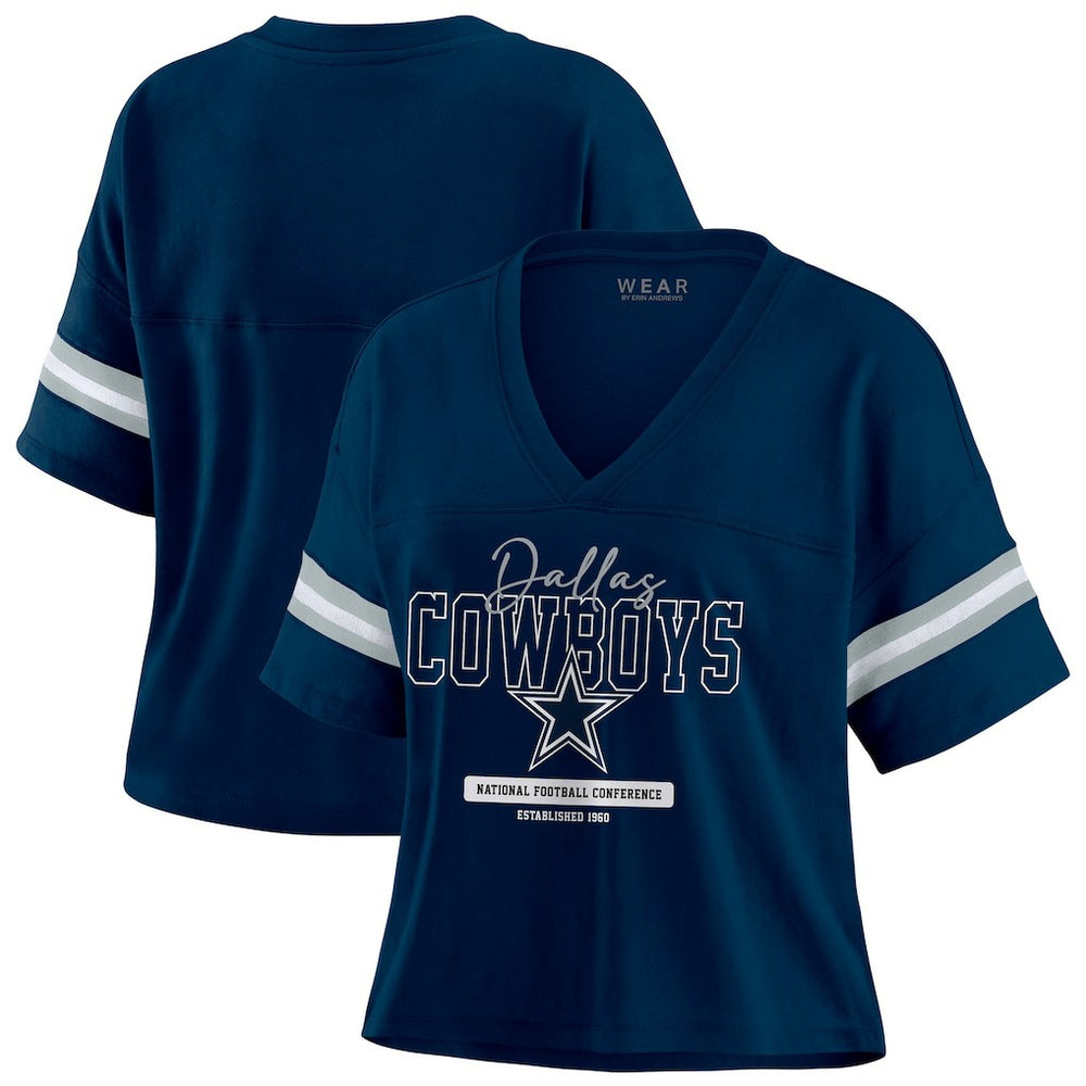 WEAR by Erin Andrews Women's Color Block Boxy Modest Crop V-Neck T-Shirt - Dallas Cowboys T-shirts