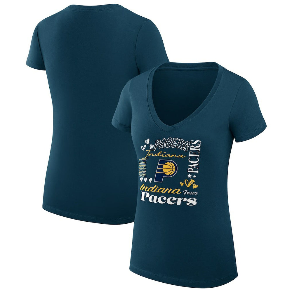 Indiana Pacers G-III 4Her by Carl Banks Women's Super-Slim Fit Lightweight Team Name Collage Graphic V-Neck T-Shirt
