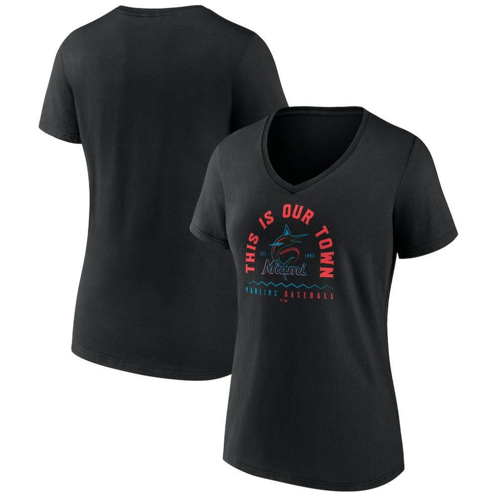 Black Miami Marlins Women's Our Town V-Neck T-Shirt