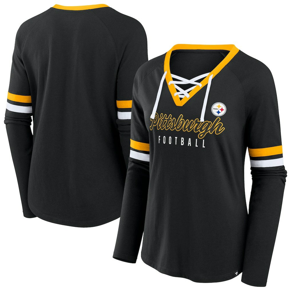 Women's Plus Size Won & Done Lace-Up V-Neck Long Sleeve T-Shirt - Pittsburgh Steelers T-shirts